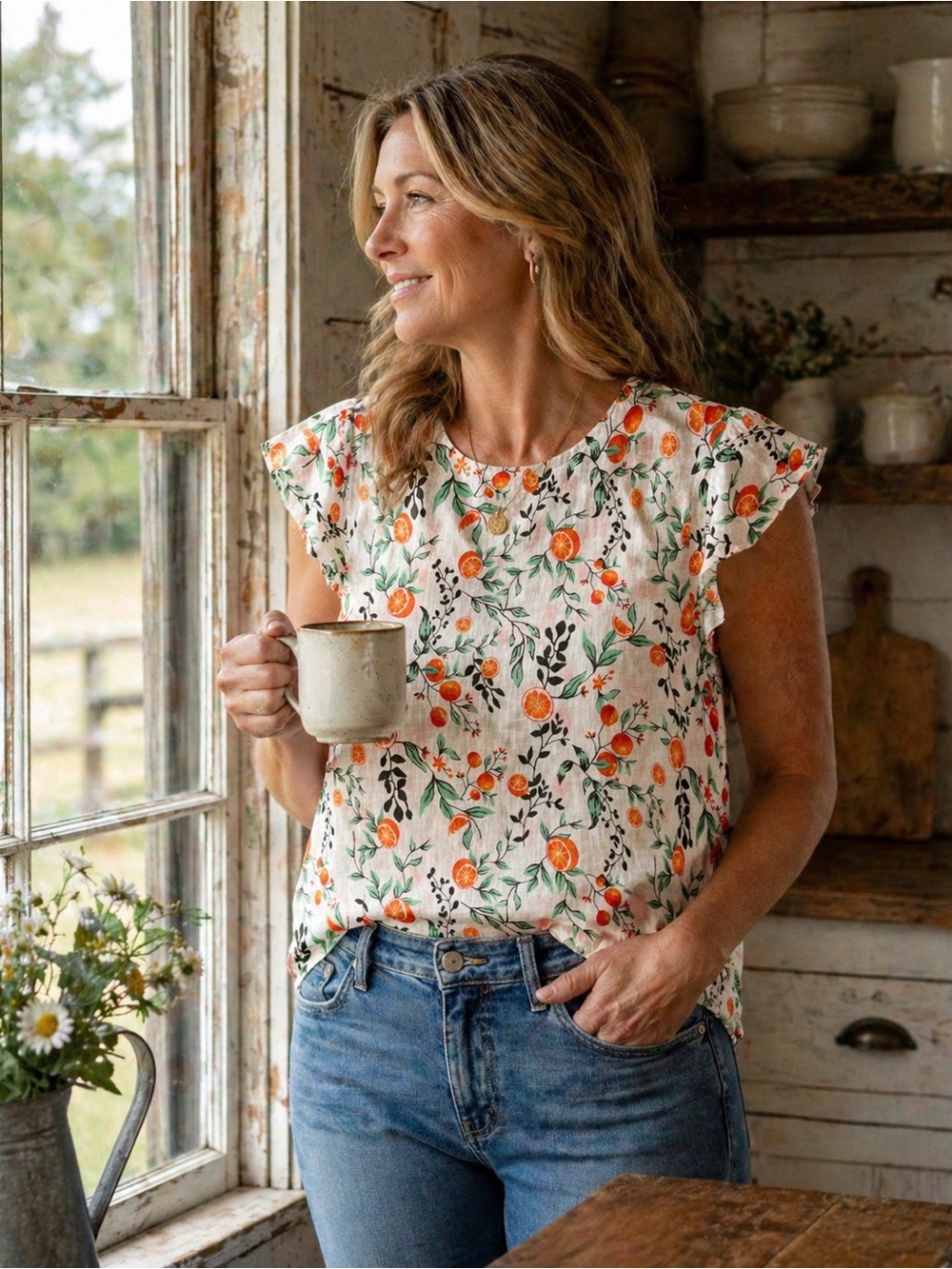 Joie White Blouse with Orange Floral Print and Green Leaves
